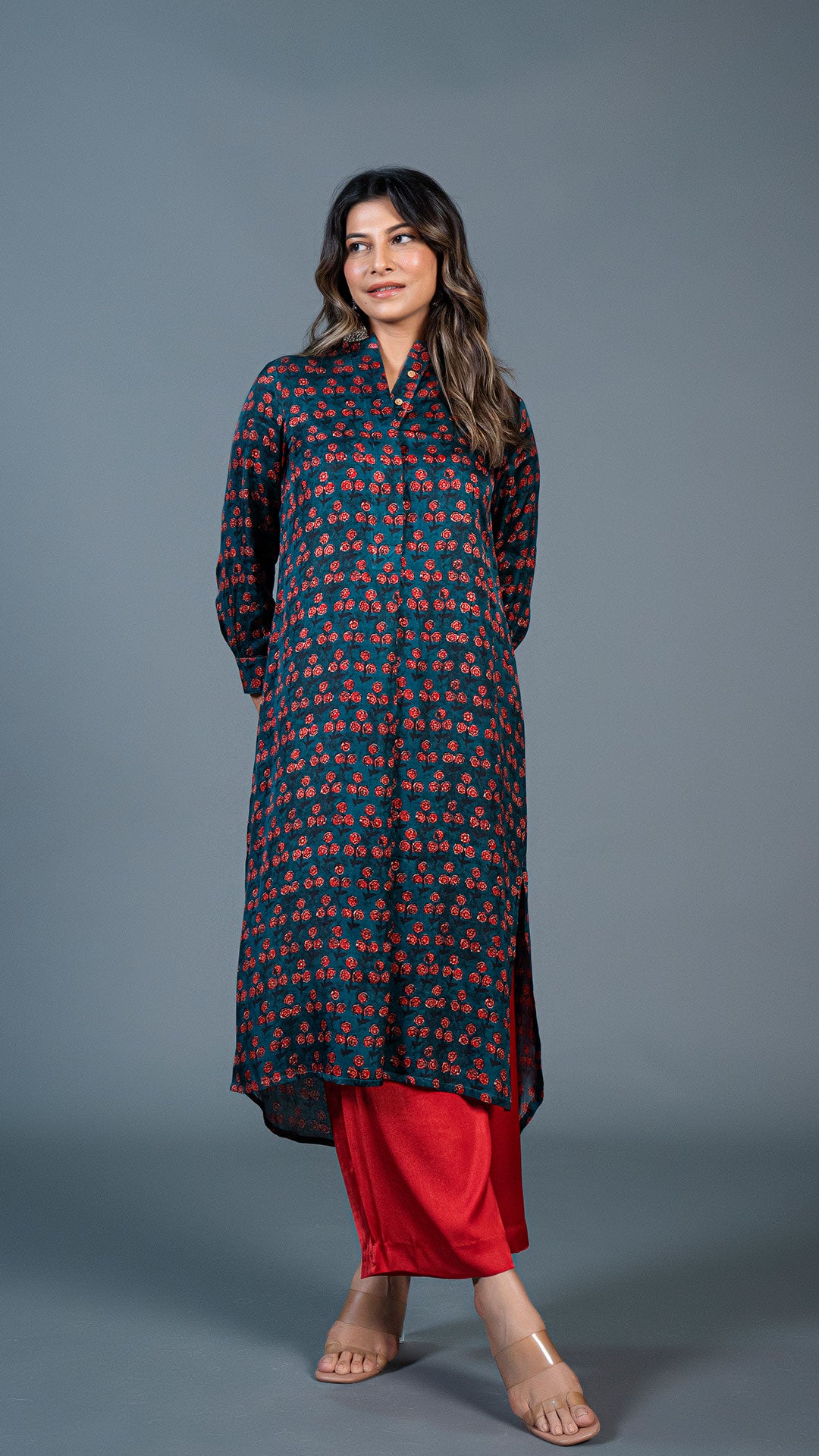 TEAL BLUE SMALL FLOWERS PRINT KURTA IN MODAL SILK