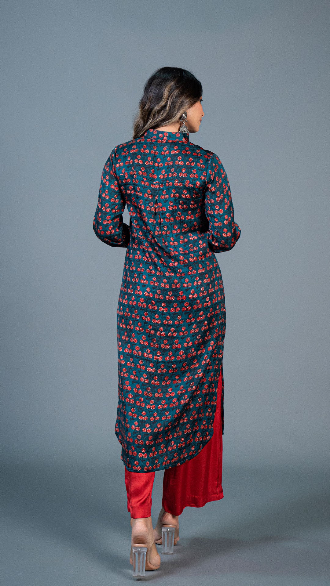 TEAL BLUE SMALL FLOWERS PRINT KURTA IN MODAL SILK