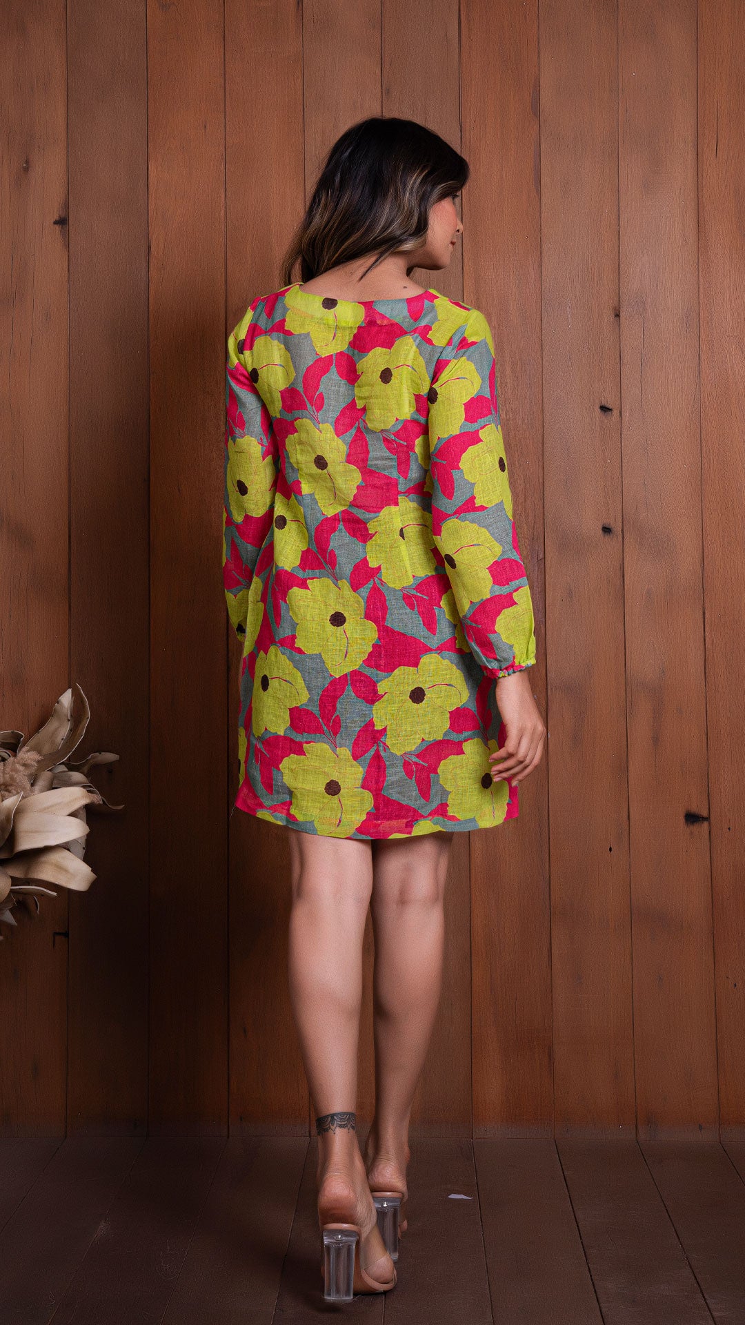 GARDEN OF DREAMS PURE LINEN SHIFT DRESS - YELLOW/PINK