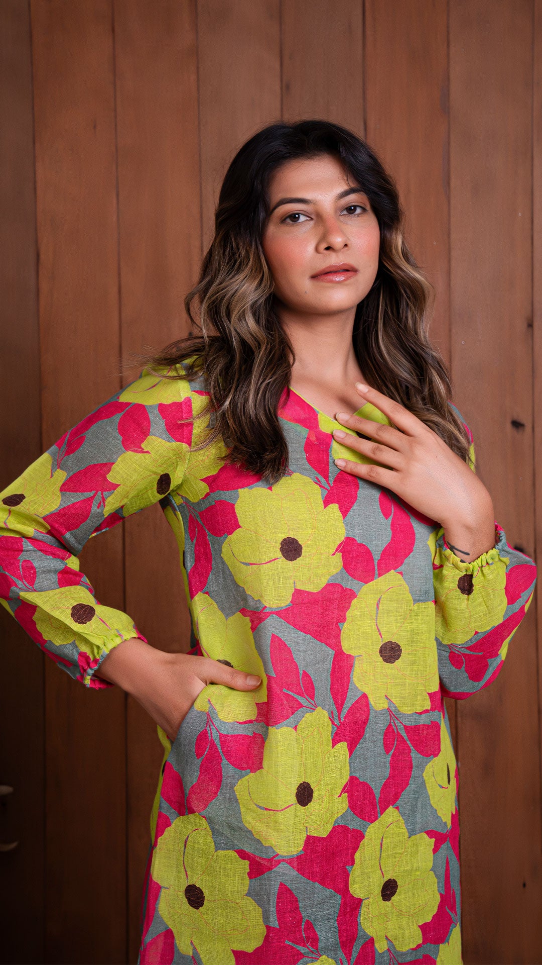 GARDEN OF DREAMS PURE LINEN SHIFT DRESS - YELLOW/PINK