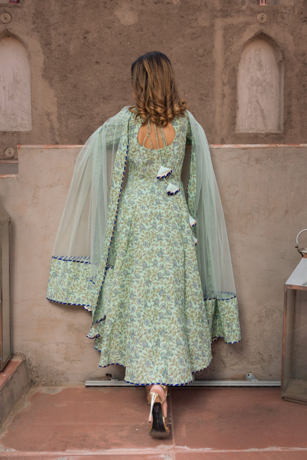 AQUA GREEN HAND BLOCK PRINT ANARKALI SET