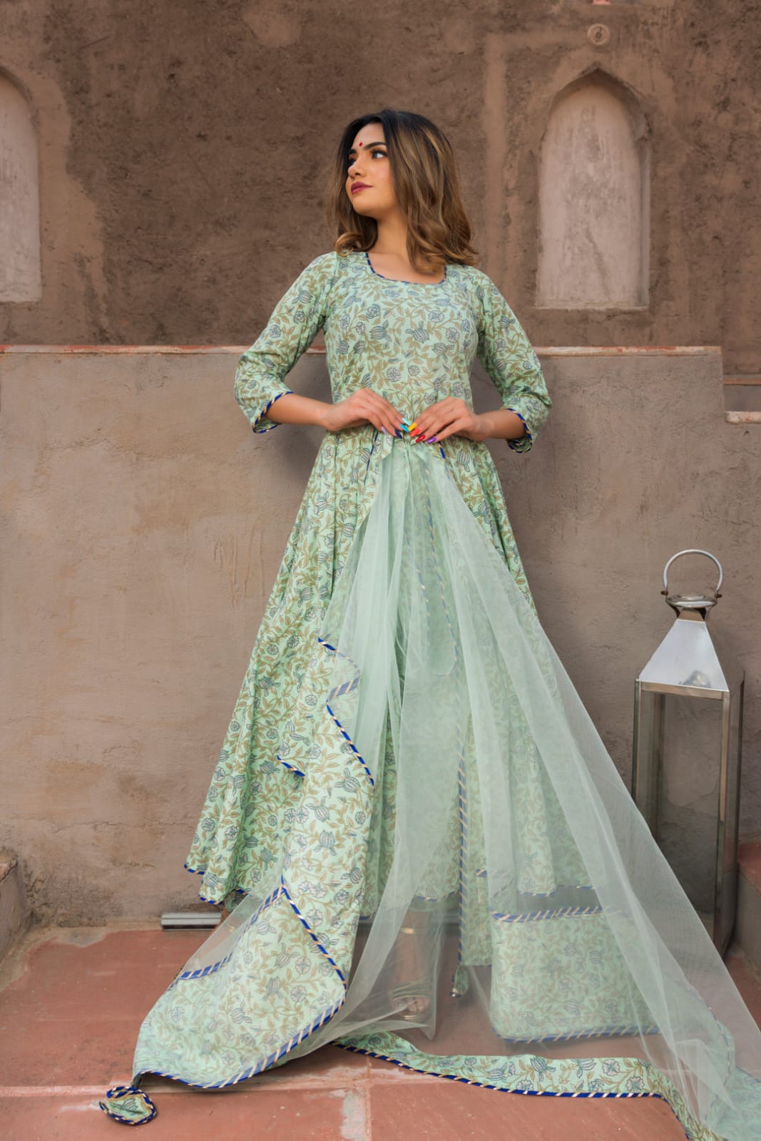 AQUA GREEN HAND BLOCK PRINT ANARKALI SET