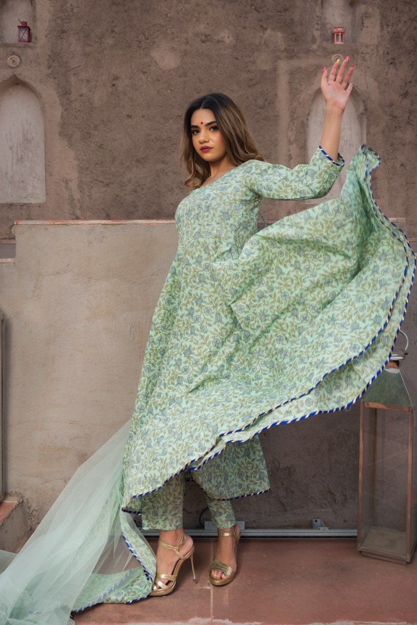 AQUA GREEN HAND BLOCK PRINT ANARKALI SET