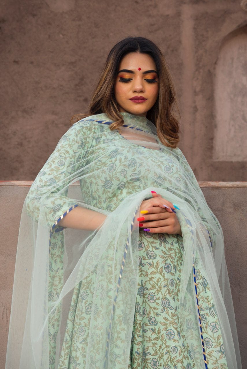 AQUA GREEN HAND BLOCK PRINT ANARKALI SET