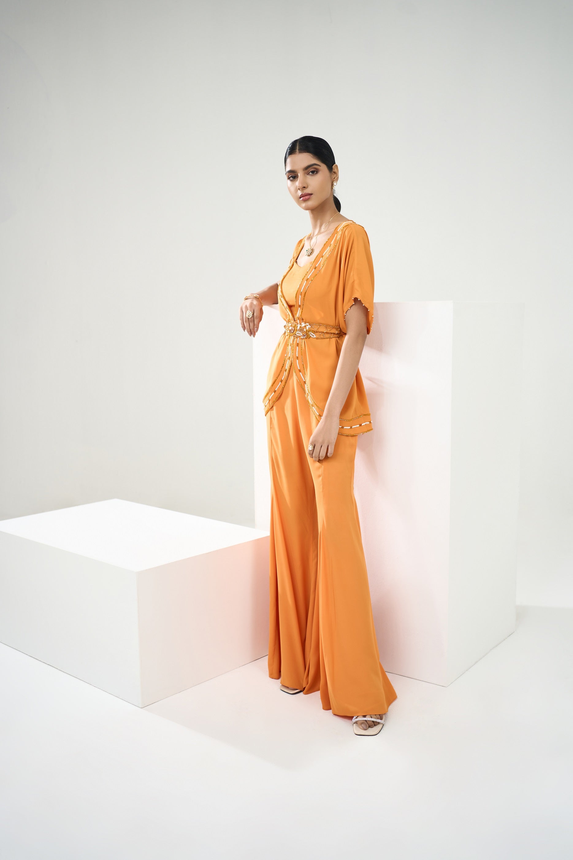 Marigold Yellow Placement embroidered Tunic With Flared Pants