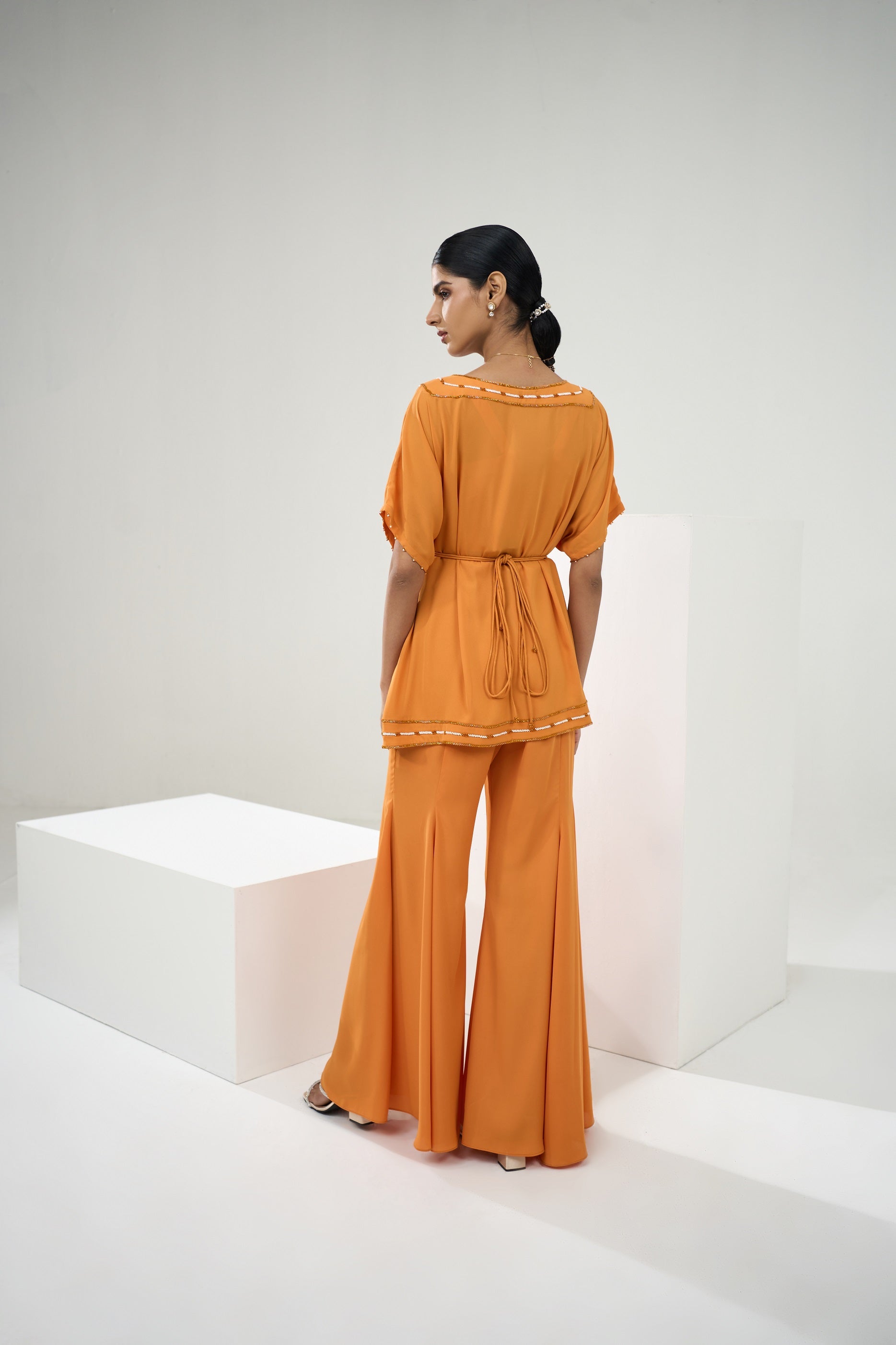 Marigold Yellow Placement embroidered Tunic With Flared Pants