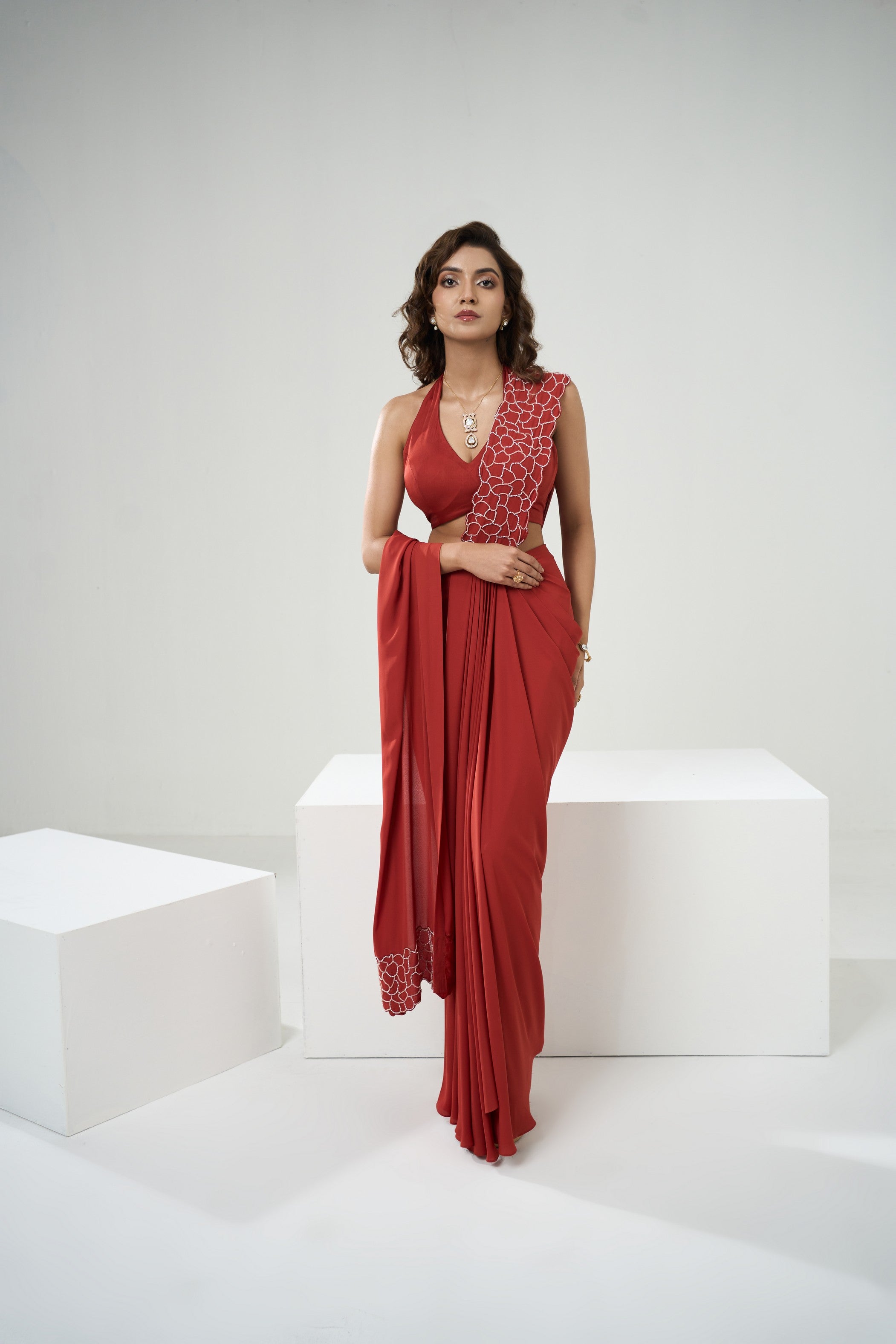 Rust Orange Drape Saree Set