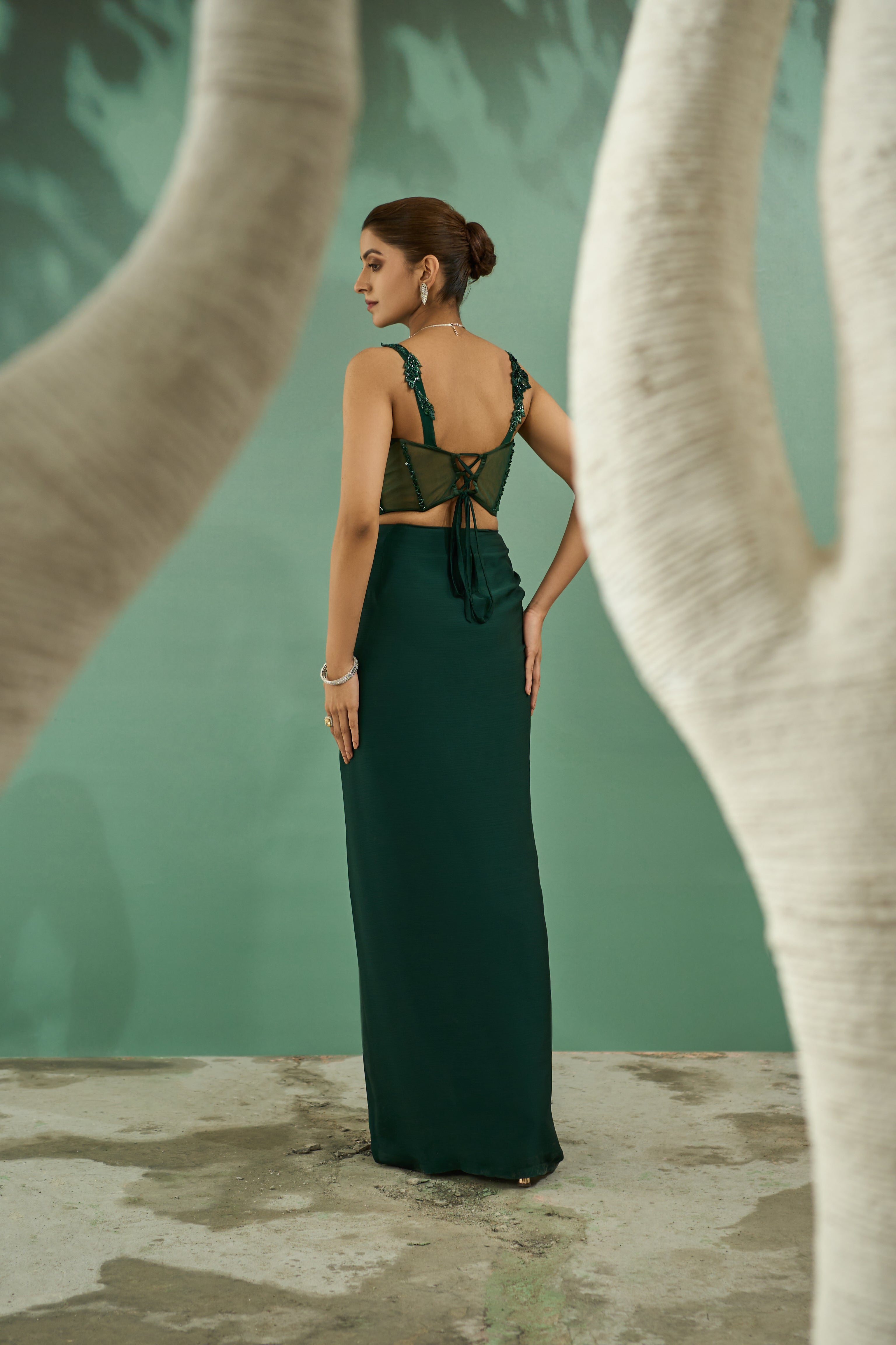 Emarald Green Cutwork Top And Drape Skirt Set
