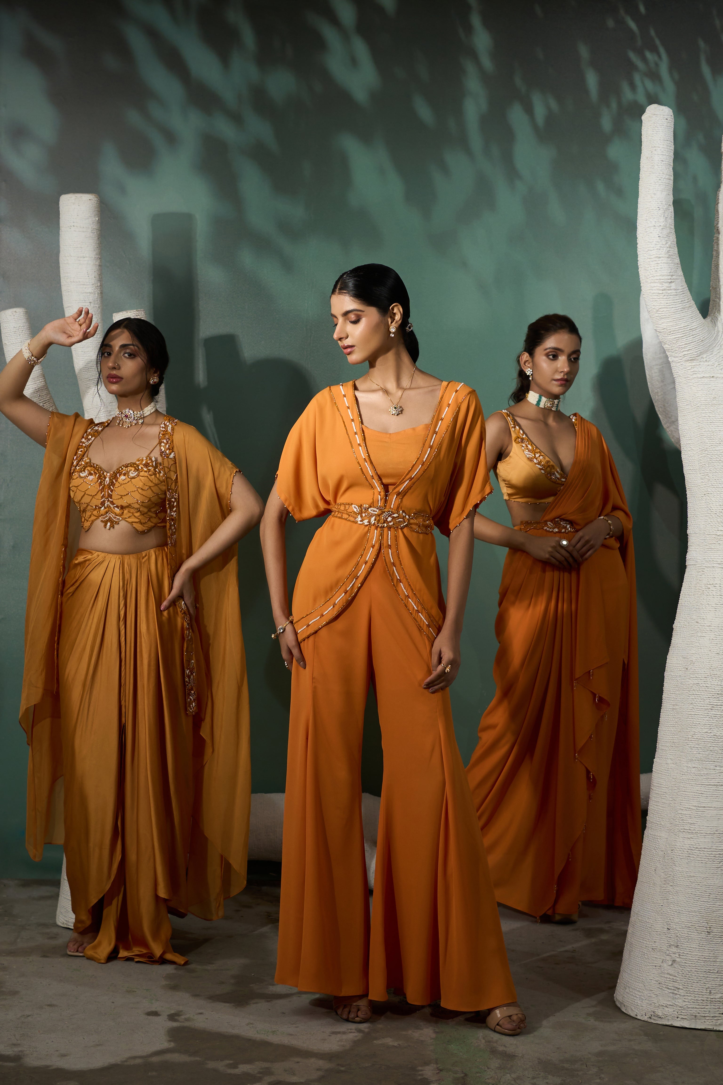 Marigold Yellow Placement embroidered Tunic With Flared Pants