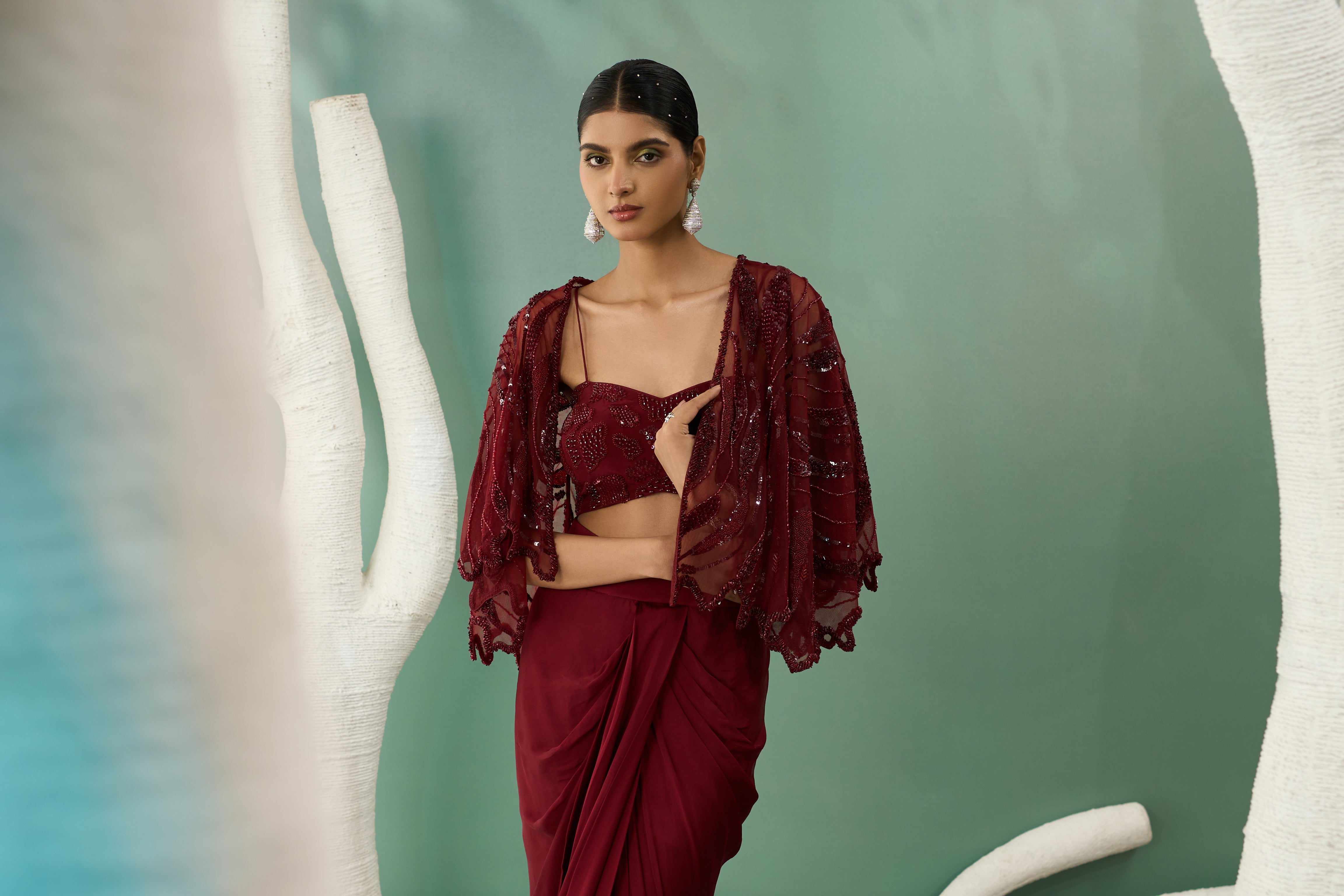Burgundy Drape Skirt & Shrug Set