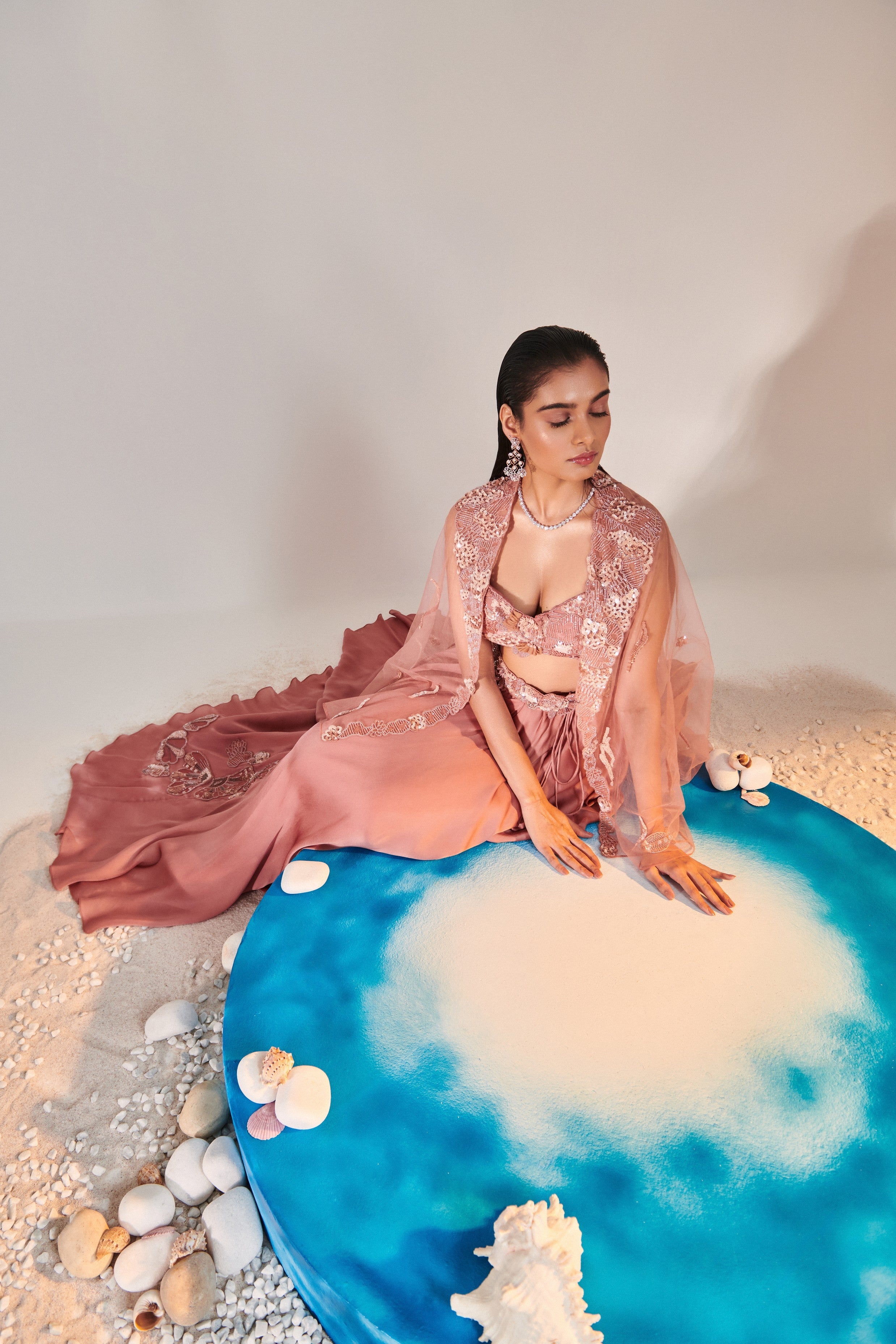 Salmon pink cutwork blouse applique lehenga