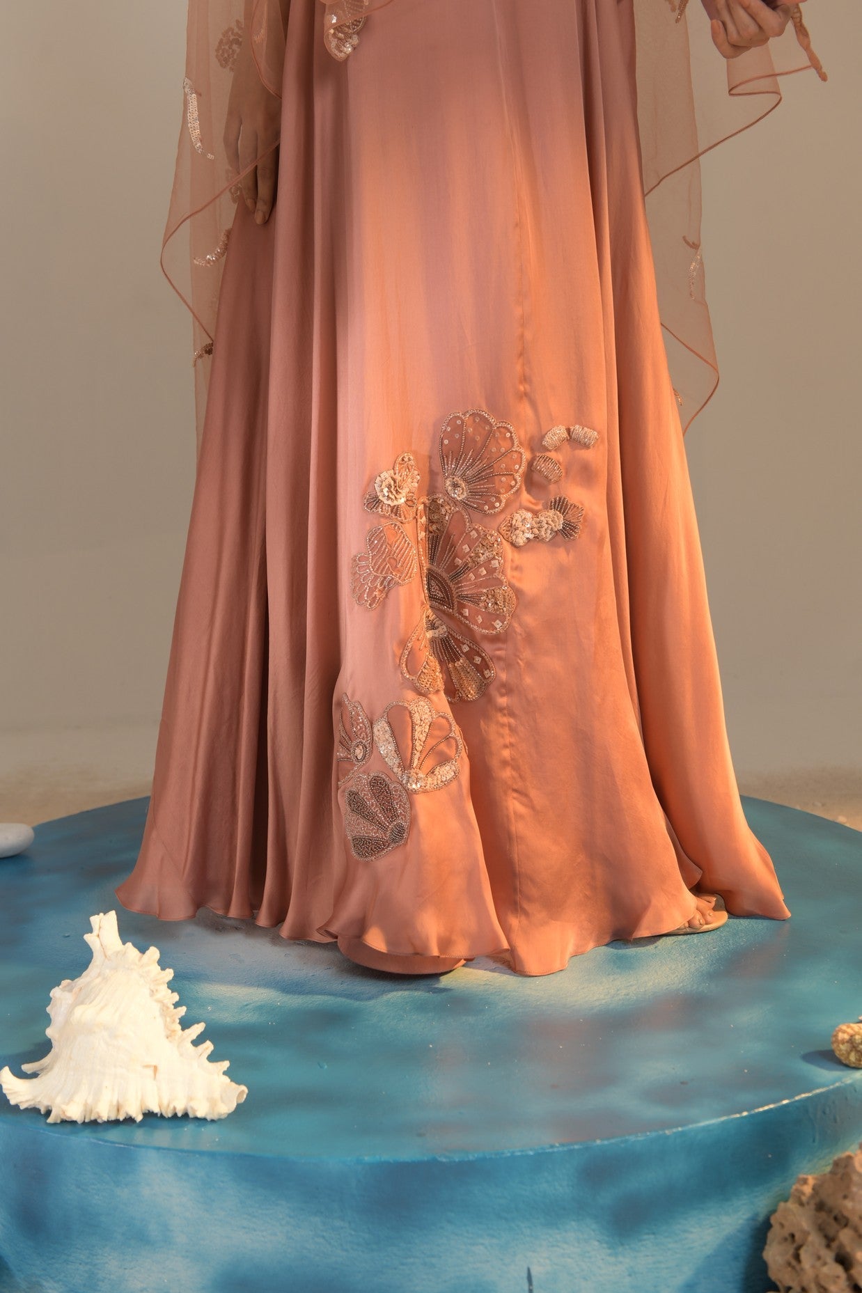 Salmon pink cutwork blouse applique lehenga