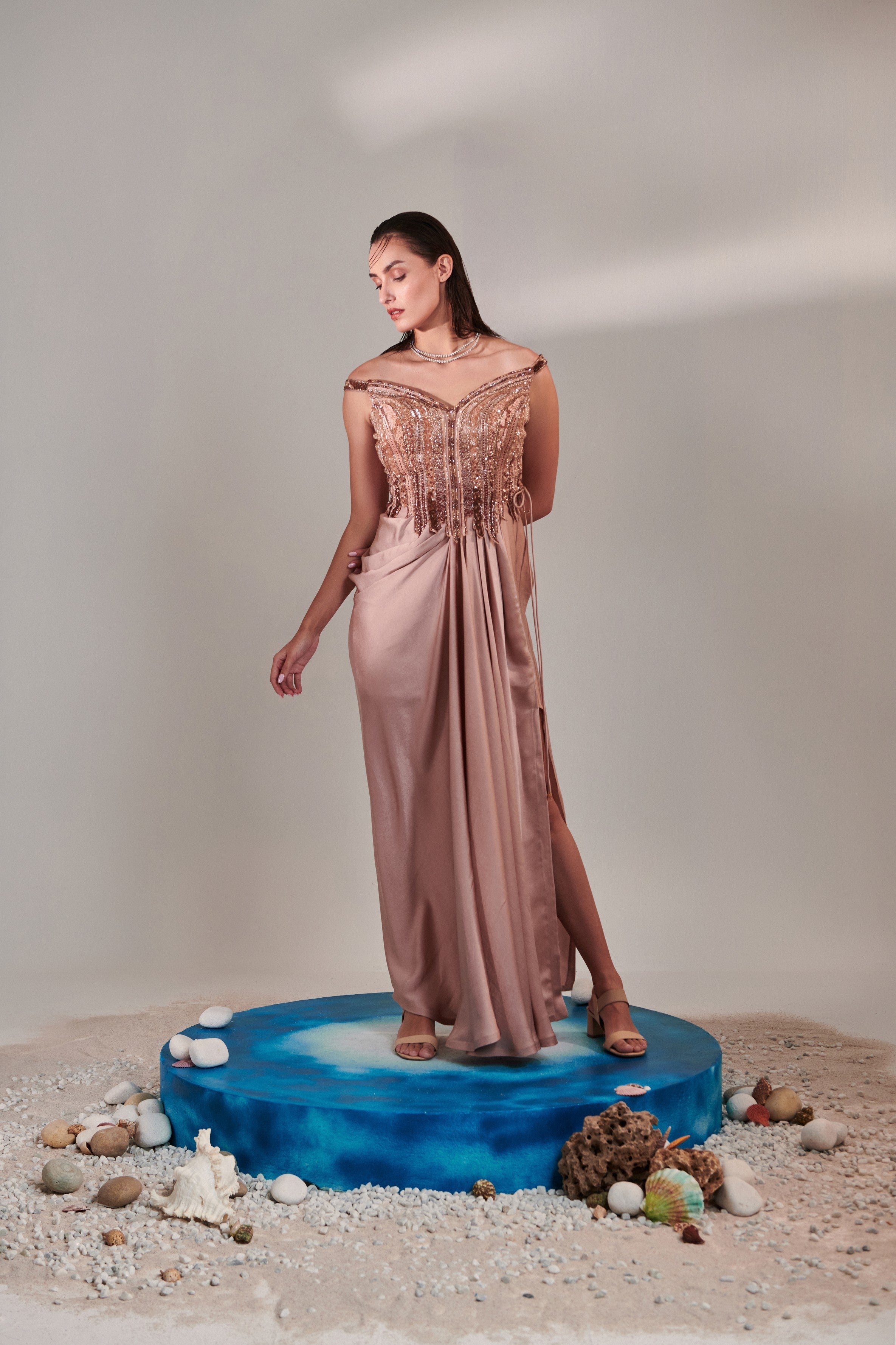 Nudish pink gradient hand embroidered cutwork detail drape gown; side drawstring tie-down