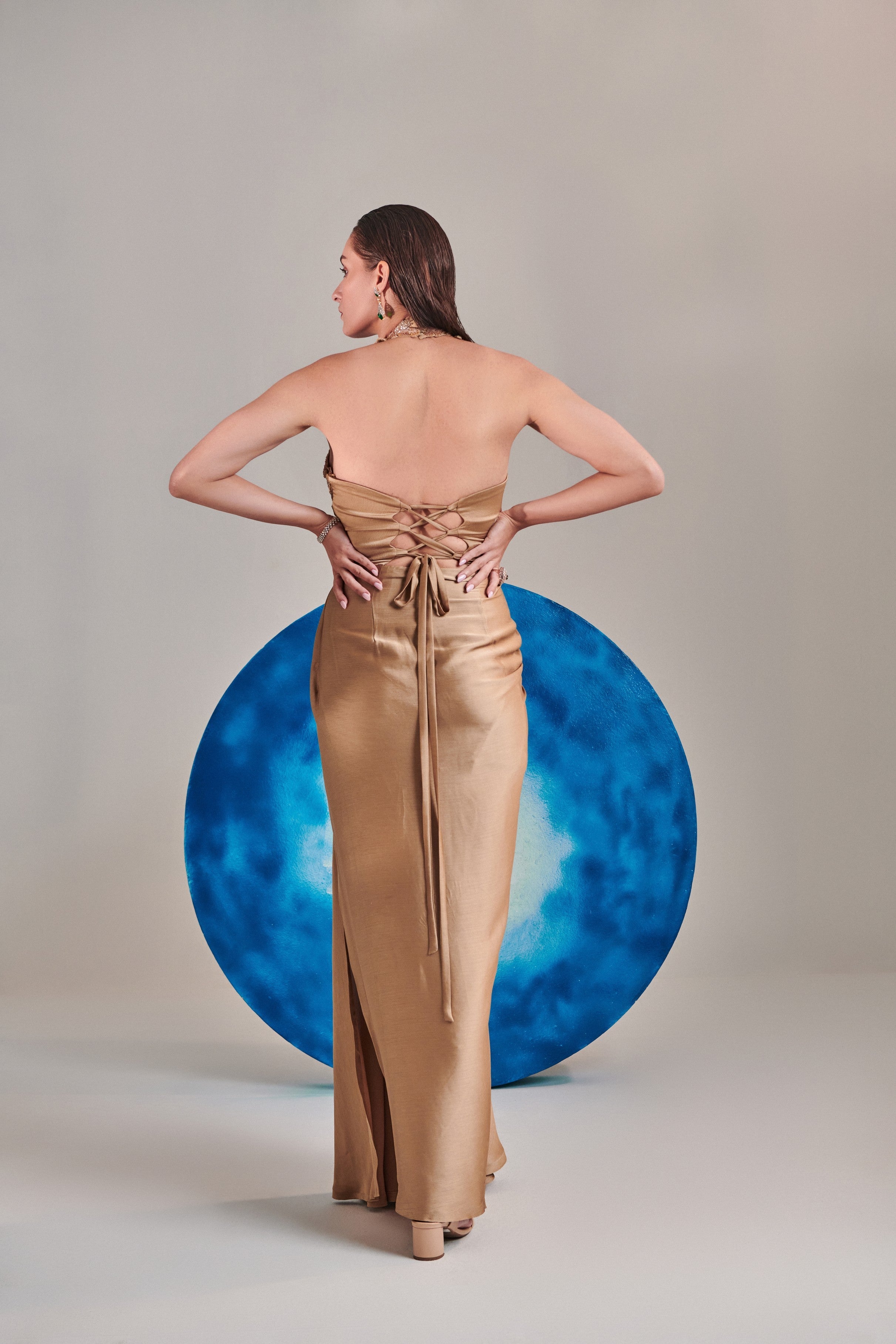 Champagne gold corset halterneck gown cutwork embroidery