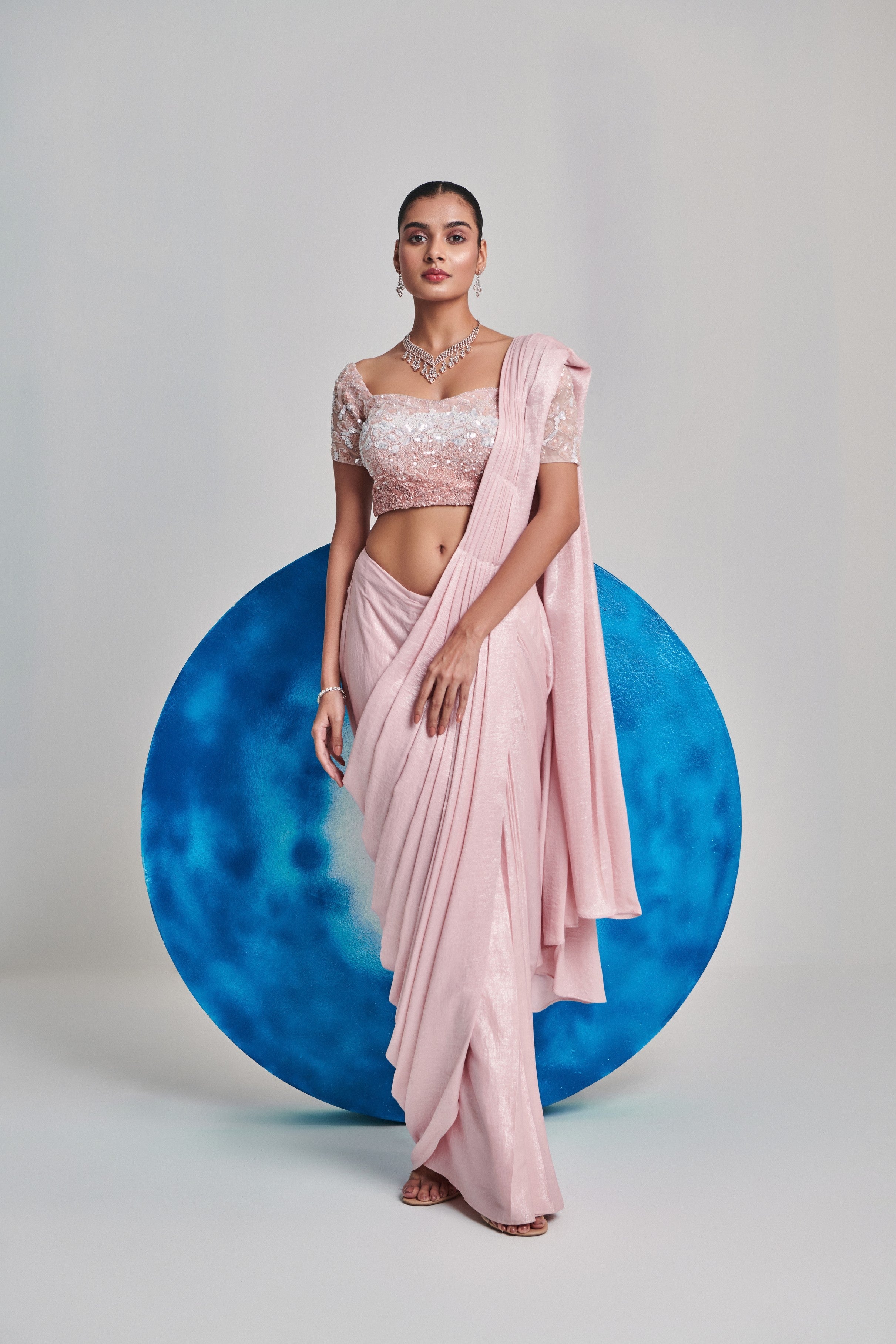 Soft pink ombre gradient pre stitch hand embroider drape saree