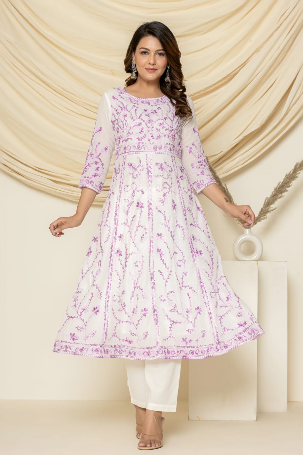 Neel-aari embroidered suit set with pant and dupatta