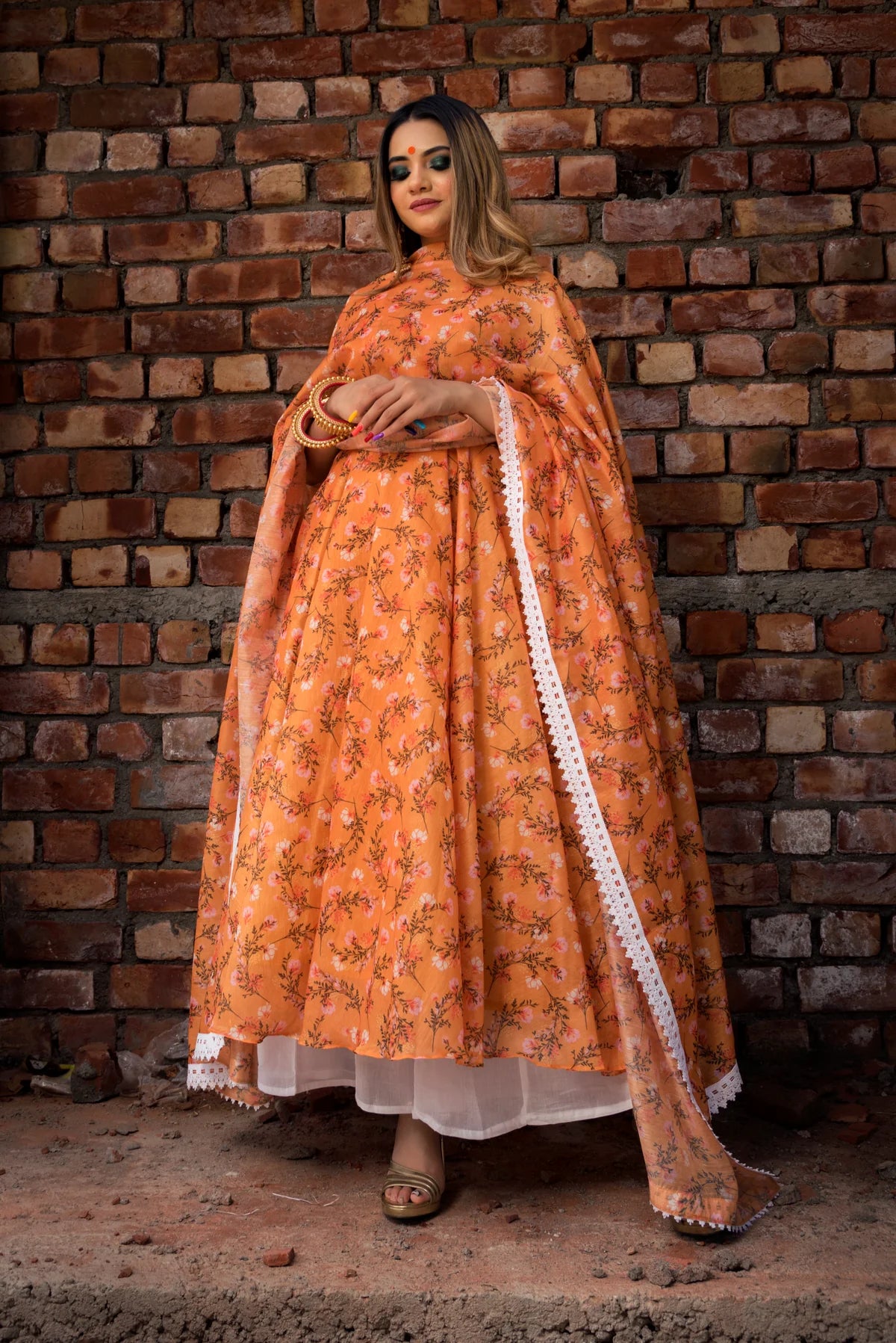 ORANGE PRINTED MODAL ANRAKALI SET