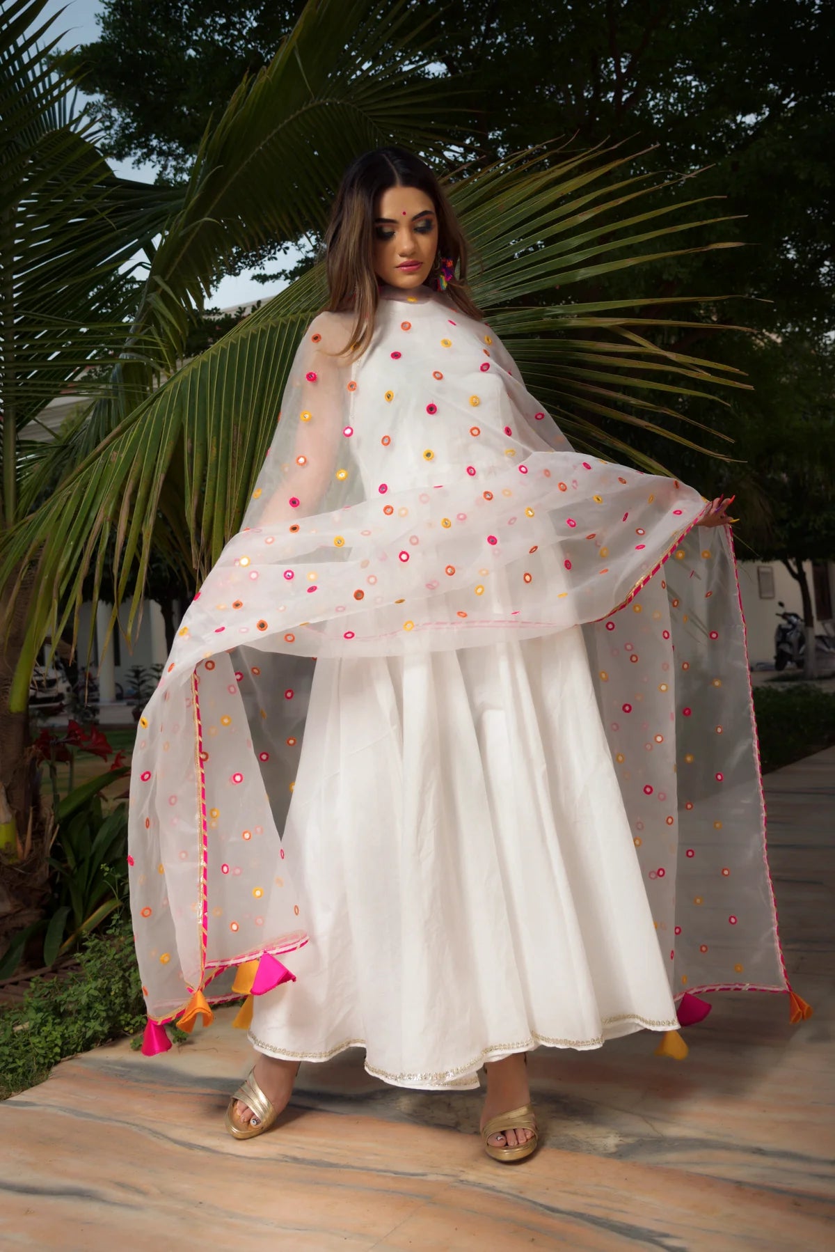 PURE COTTON ANARKALI SET WITH MIRROR WORK ORGANZA DUPATTA