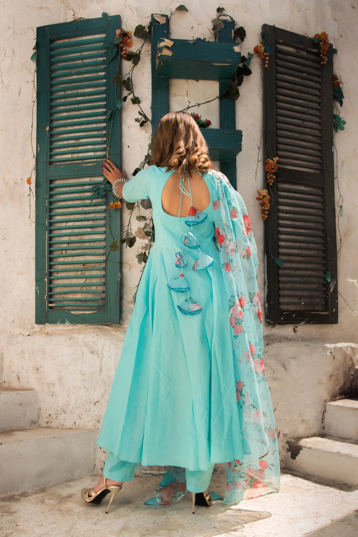 BLUE BERRY PURE COTTON ANARKALI SET WITH ORGANZA DUPATTA