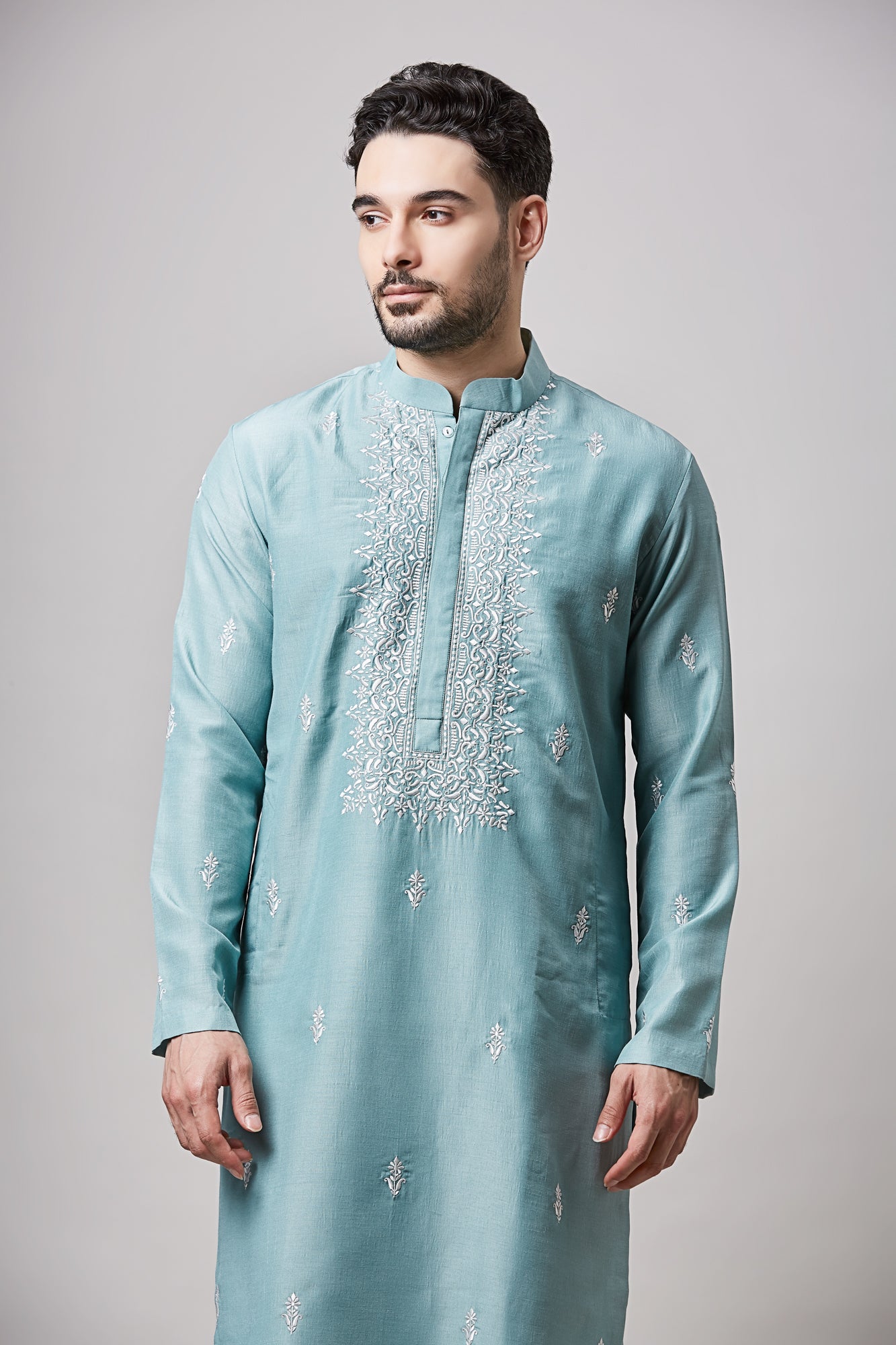 BLUE SOY SILK MACHINE EMBROIDERED KURTA SET