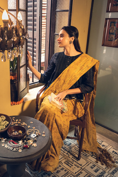 Mustard Yellow Linen Handloom Saree