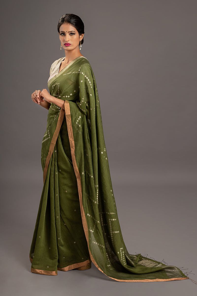 Olive Jamdani Khadi Handloom Saree