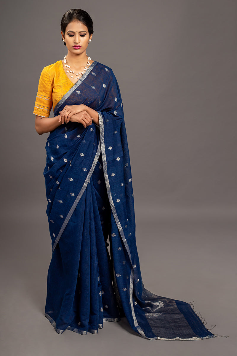 Indigo Jamdani Khadi Handloom Saree