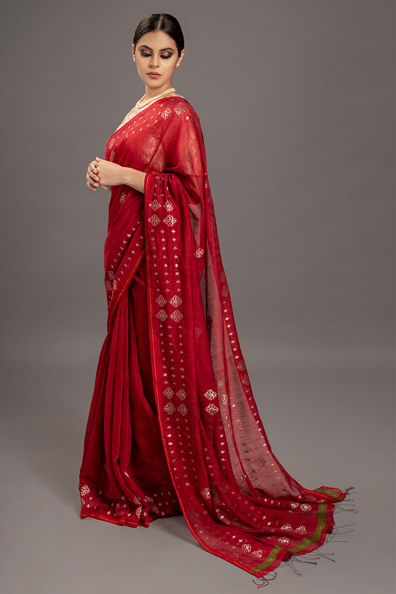 Red Jamdani Khadi Handloom Saree