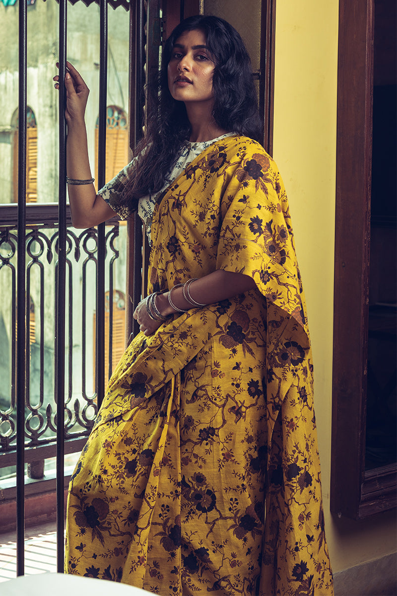 Mustard Yellow Linen Handloom Saree