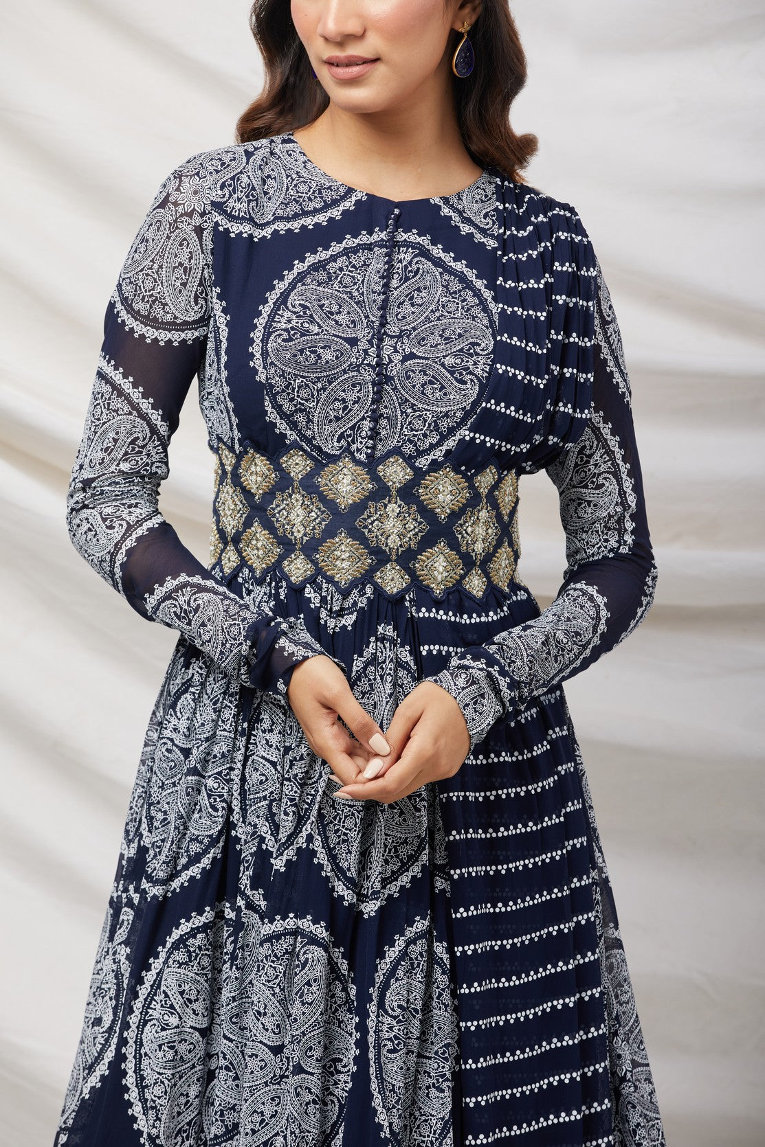 Printed Green Anarkali Set With Embroidered Belt