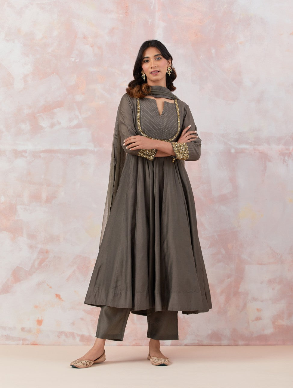 Grey Anarkali Set With Embroidery