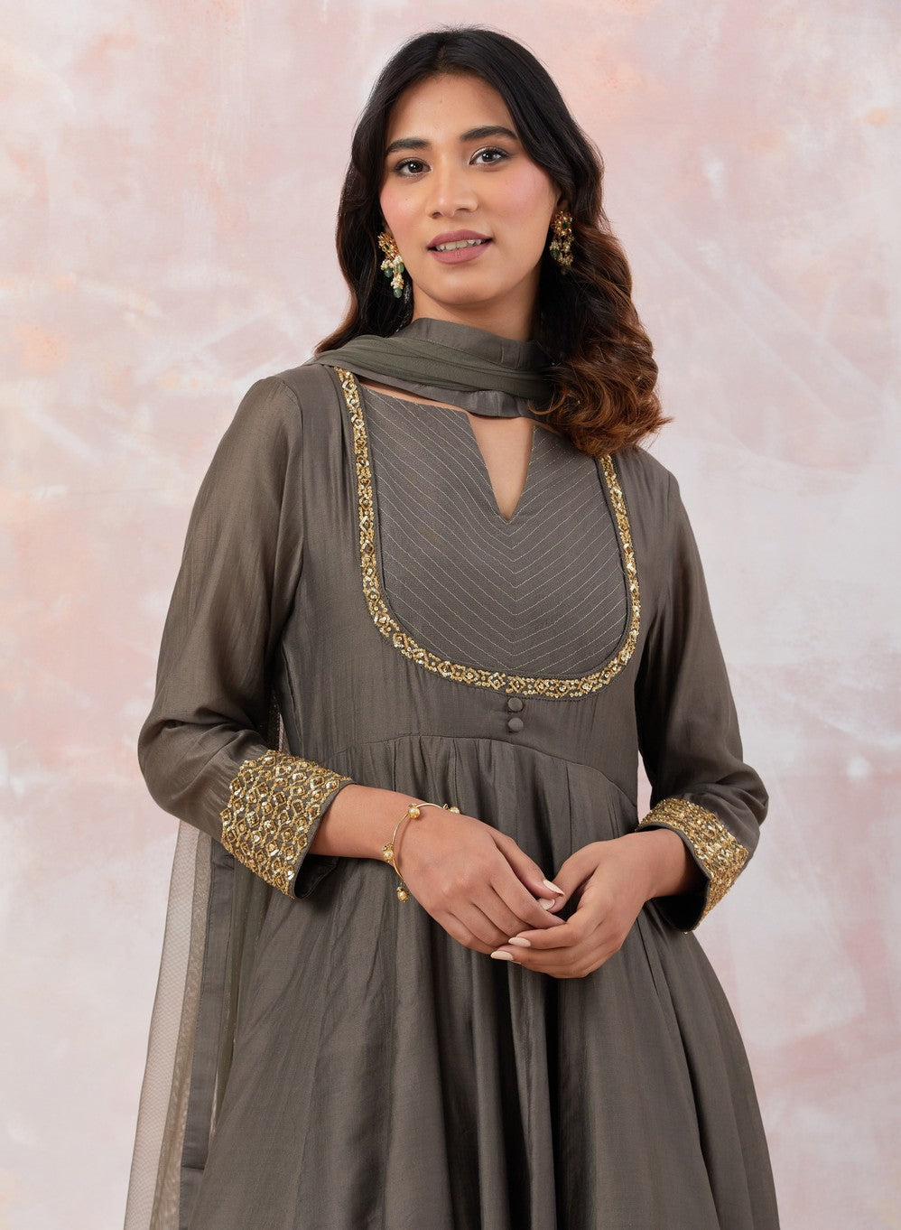 Grey Anarkali Set With Embroidery