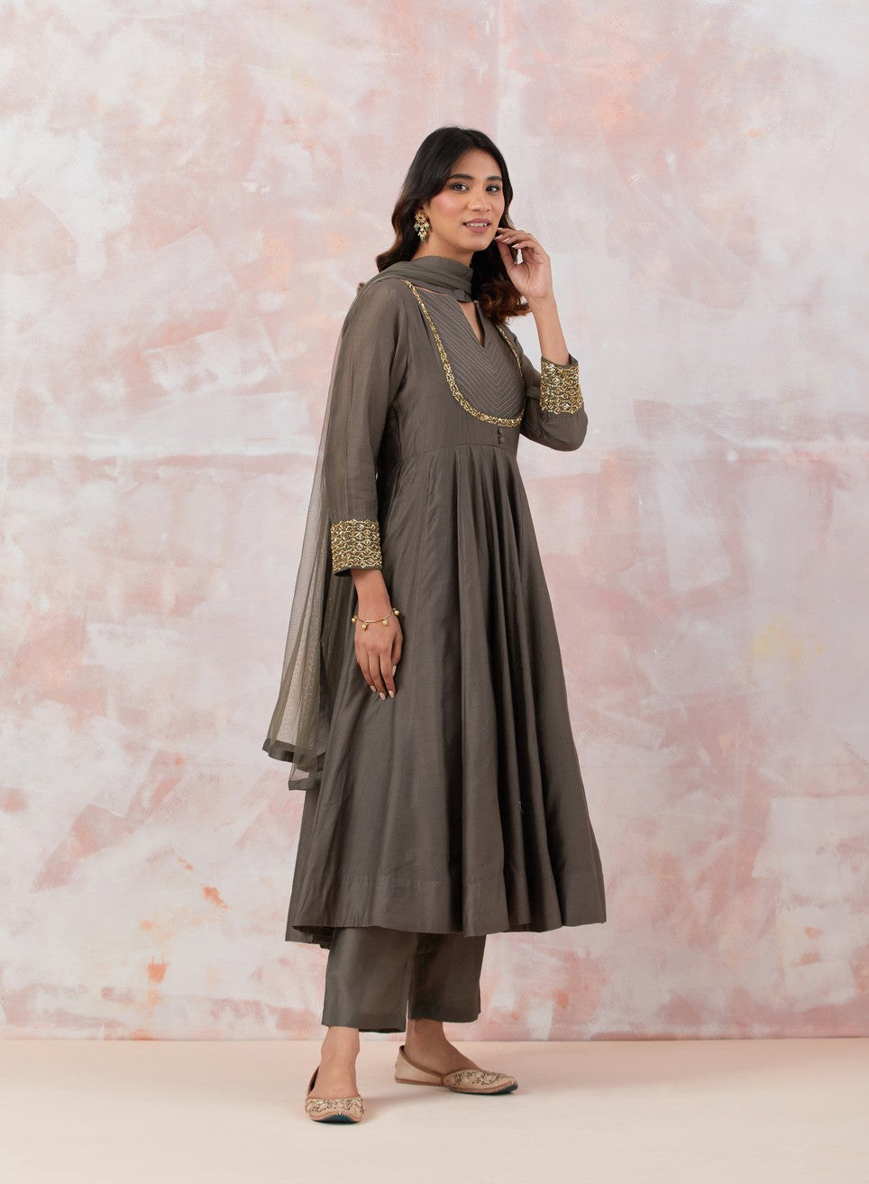 Grey Anarkali Set With Embroidery