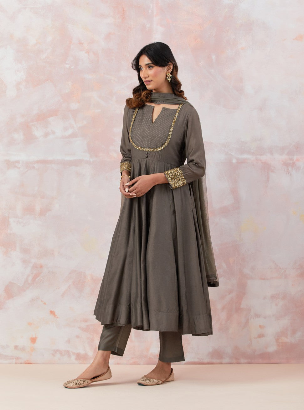 Grey Anarkali Set With Embroidery