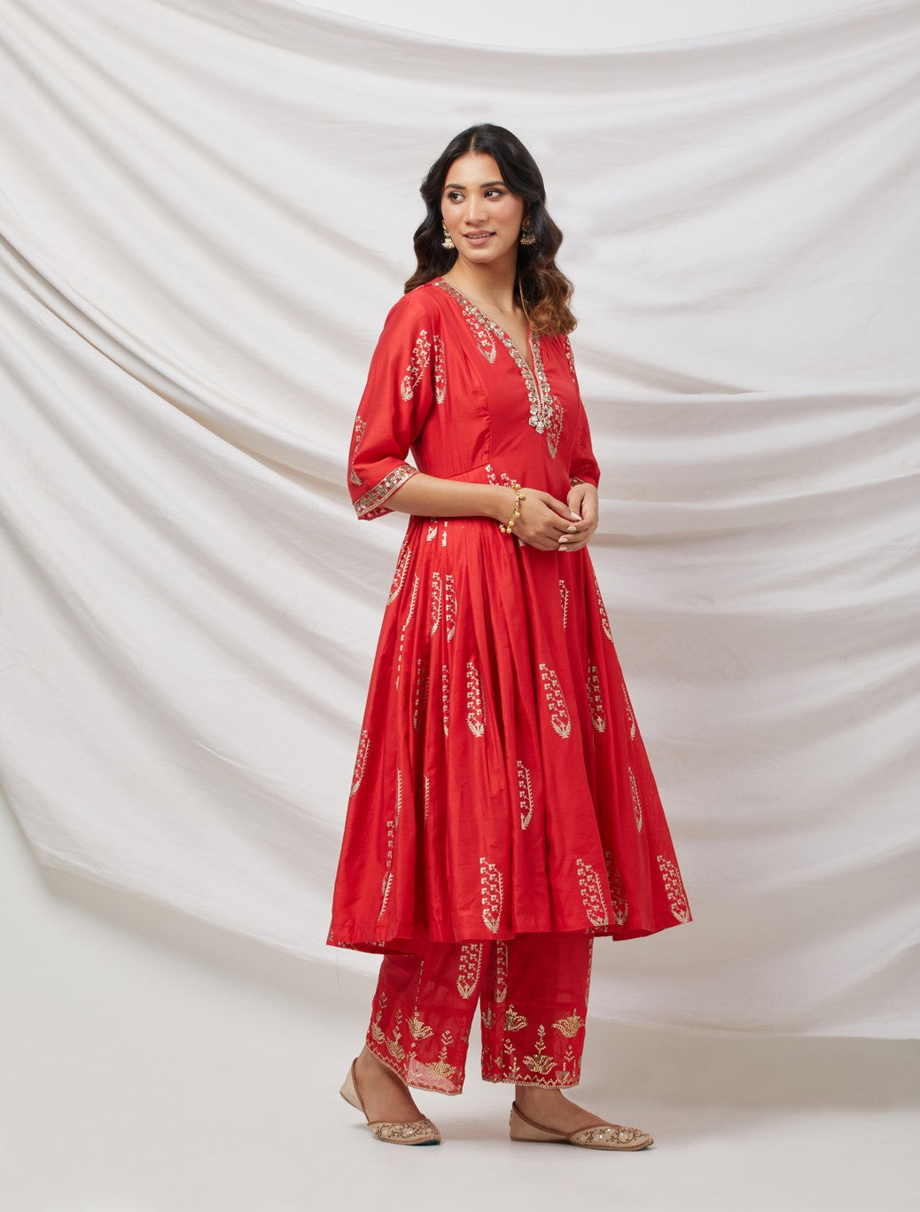 Red Cotton Silk Kurta Set