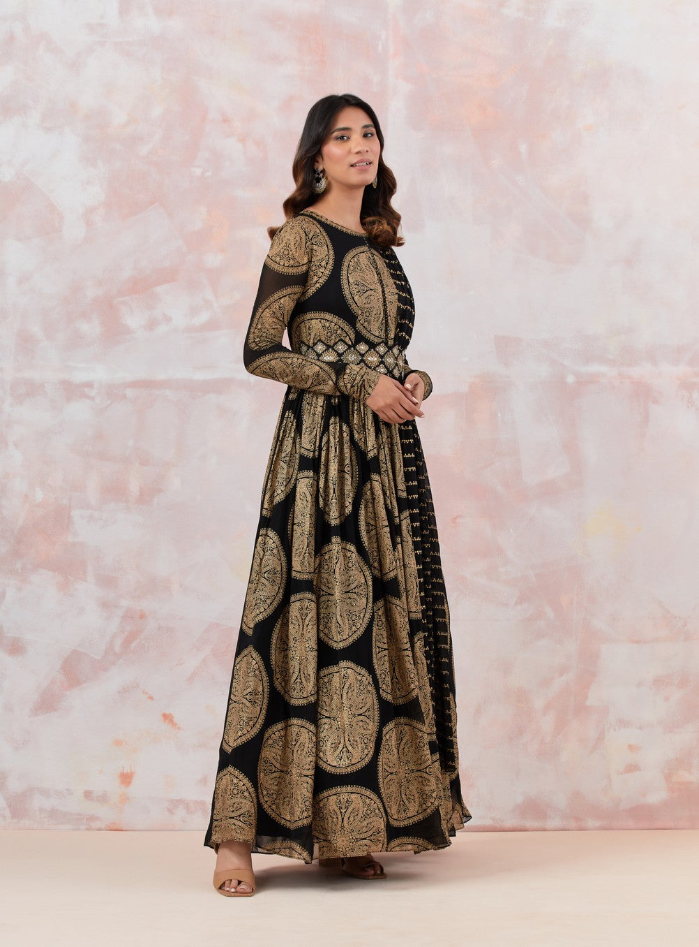 Printed Black Anarkali Set With Embroidered Belt