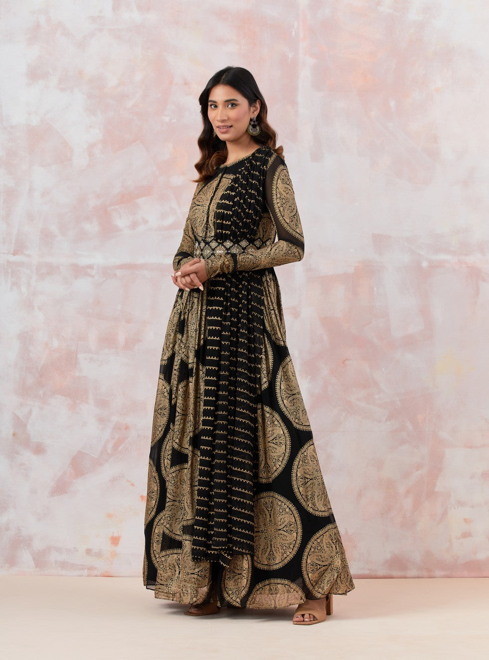 Printed Black Anarkali Set With Embroidered Belt