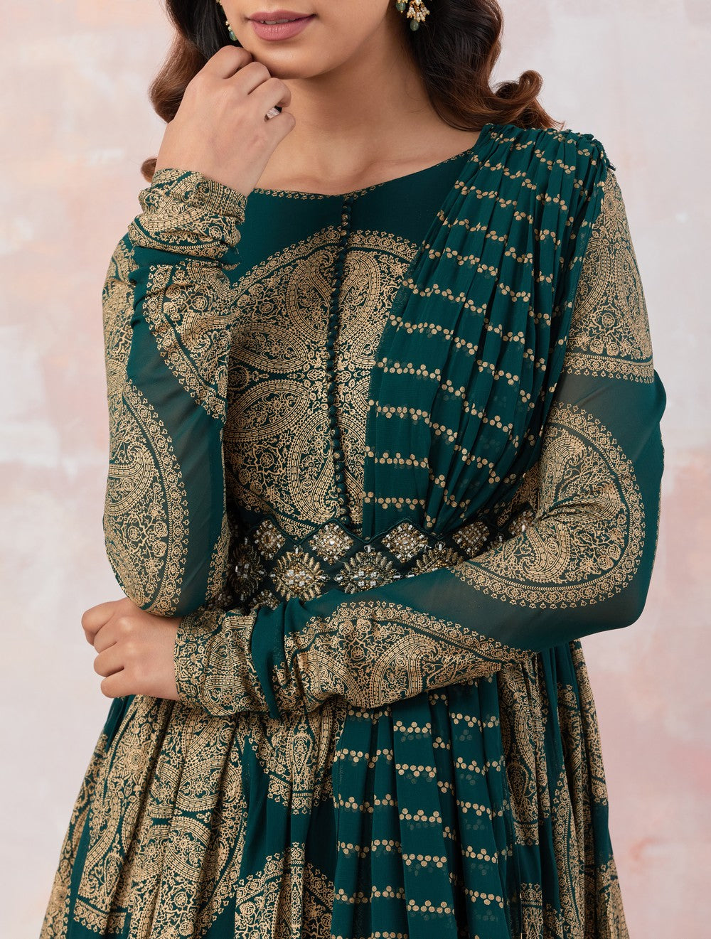 Printed Green Anarkali Set With Embroidered Belt