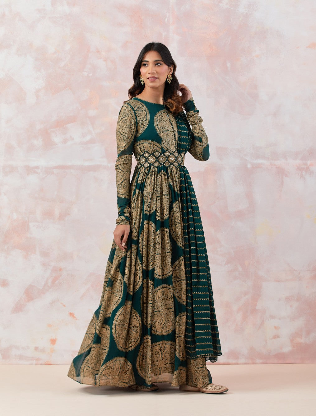 Printed Green Anarkali Set With Embroidered Belt