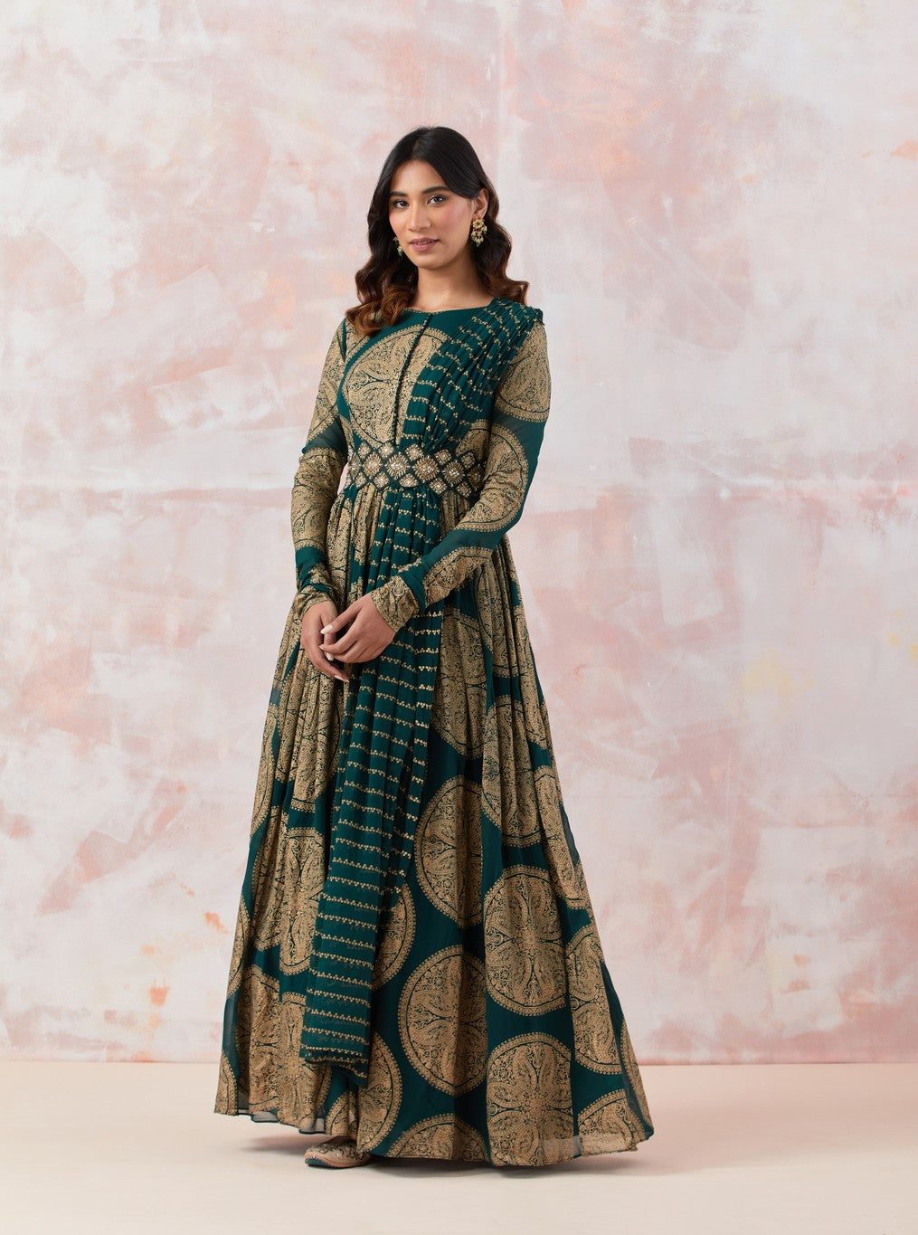 Printed Green Anarkali Set With Embroidered Belt