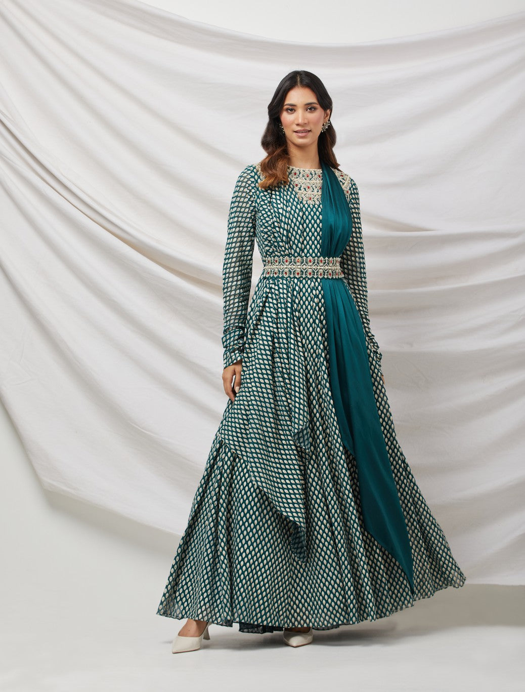 Green Embellished Anarkali Set With Belt