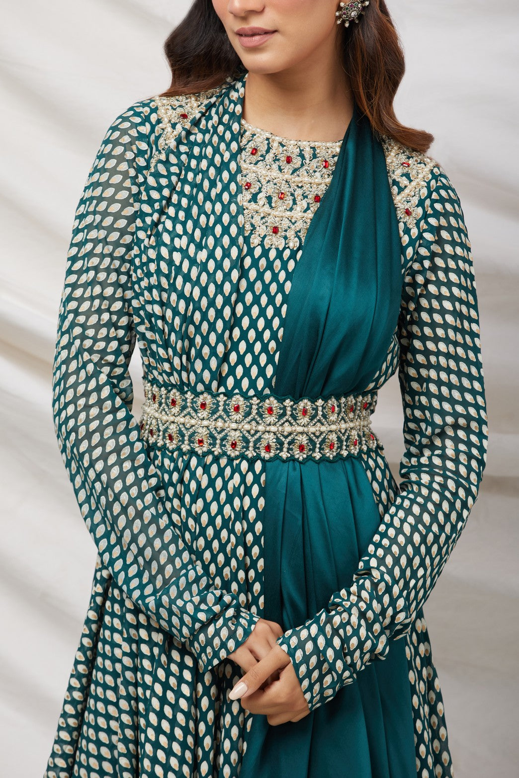 Green Embellished Anarkali Set With Belt