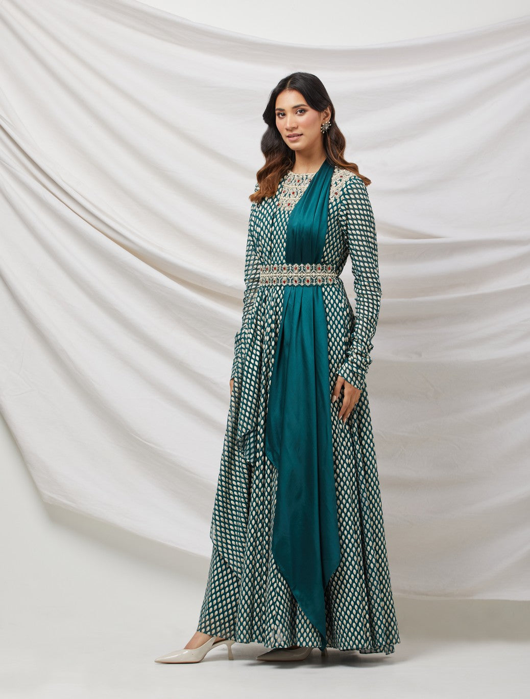 Green Embellished Anarkali Set With Belt