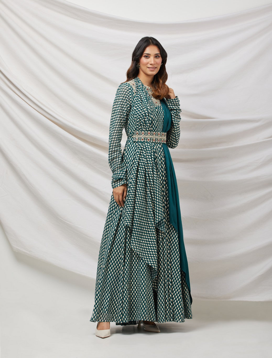 Green Embellished Anarkali Set With Belt