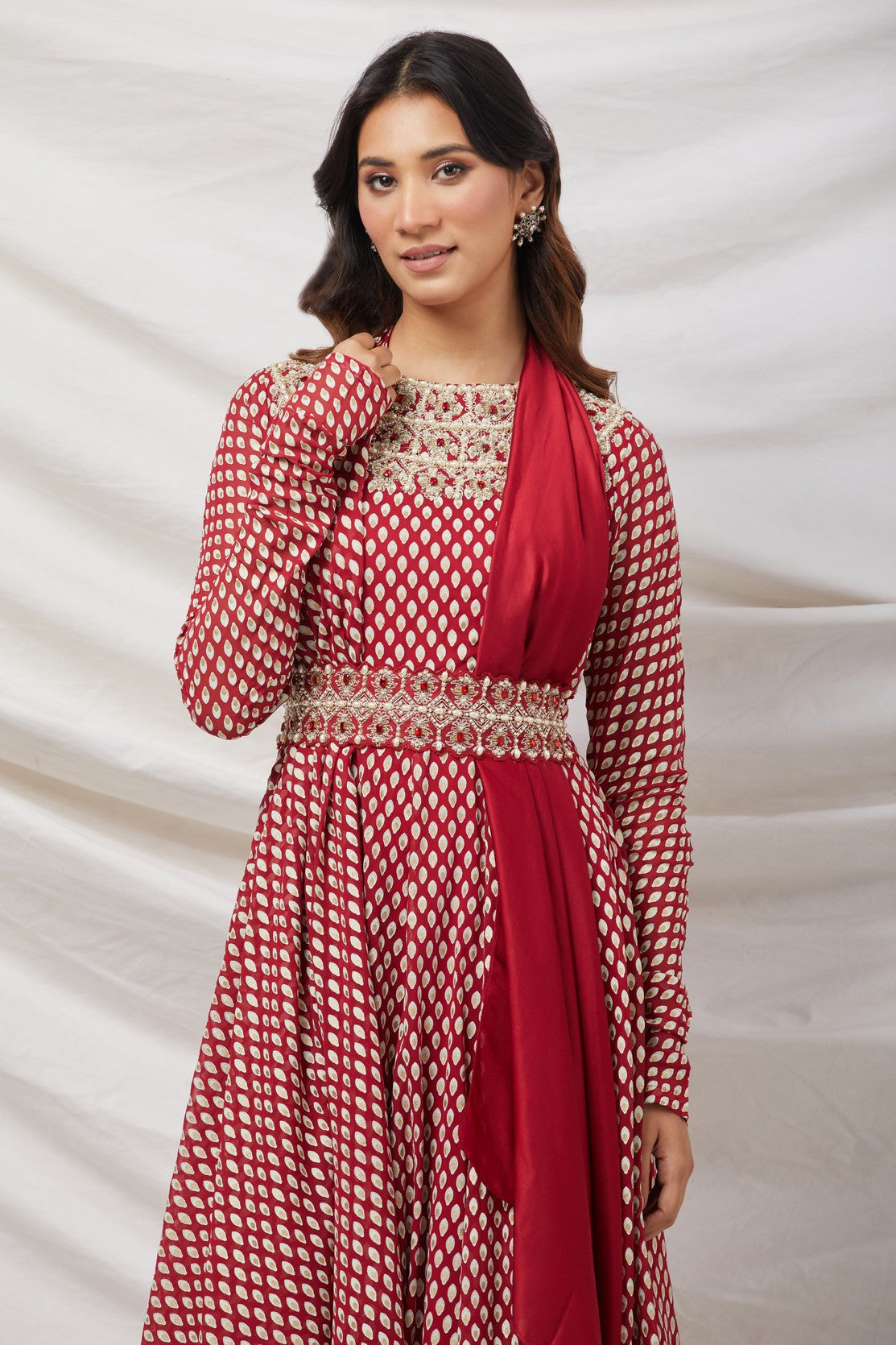 Red Embellished Anarkali Set With Belt
