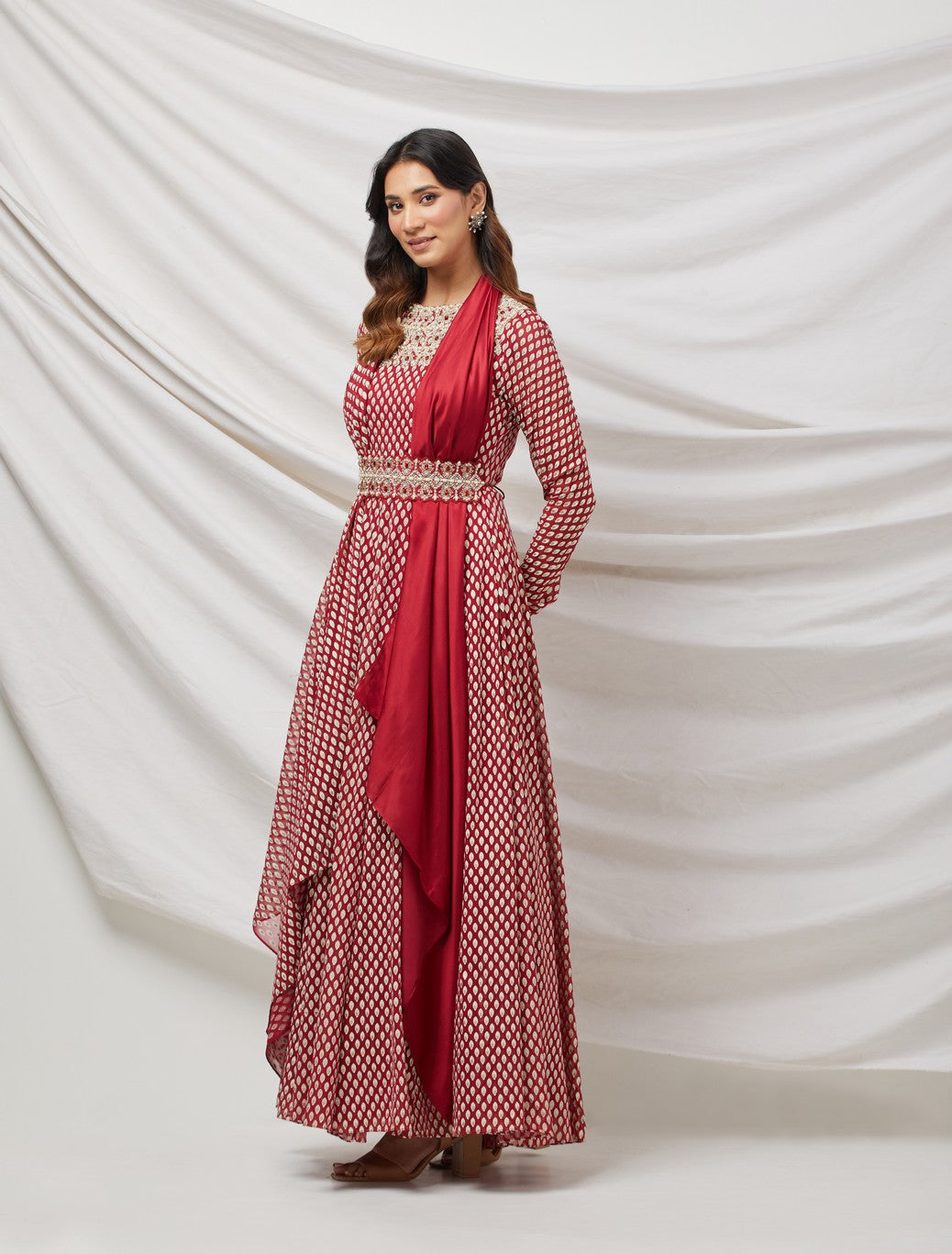 Red Embellished Anarkali Set With Belt