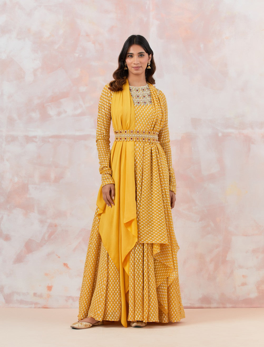 Yellow Embellished Anarkali Set With Belt