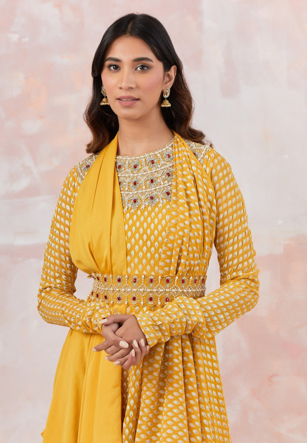Yellow Embellished Anarkali Set With Belt