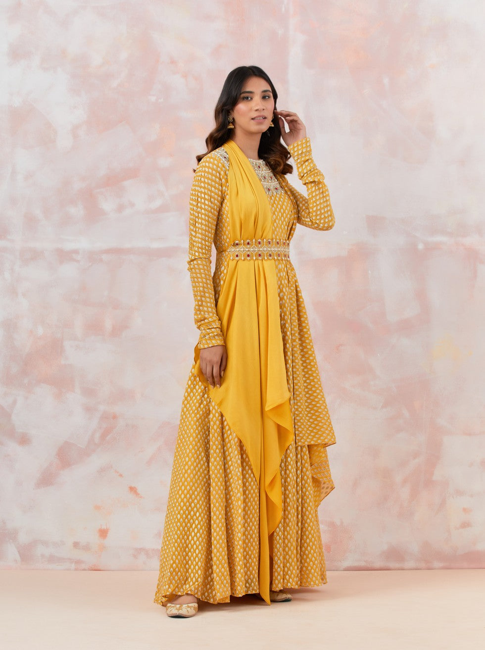 Yellow Embellished Anarkali Set With Belt