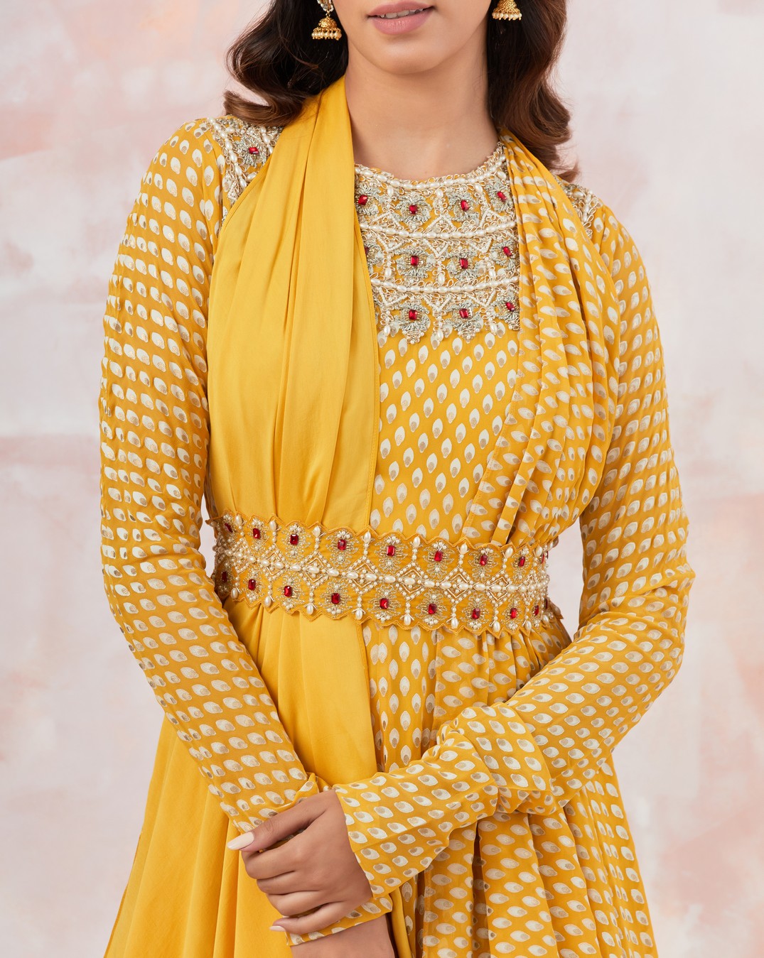 Yellow Embellished Anarkali Set With Belt